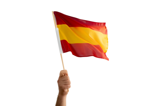 man hand hold national flag of Spain isolated on transparent background