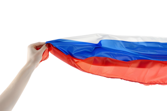 man hand hold national flag of Russia isolated on transparent background - Powered by Adobe