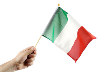man hand hold national flag of Italy isolated on transparent background