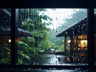 raindrops tracing paths down a large window with house in background out of focus