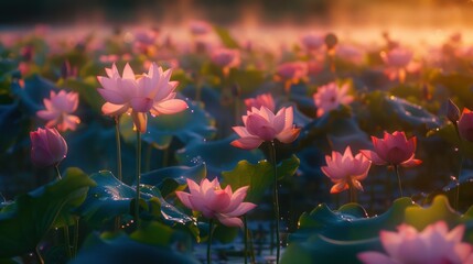 A breathtaking scene of lotus flowers basking in the warm sunlight during the golden hour, evoking warmth and optimism