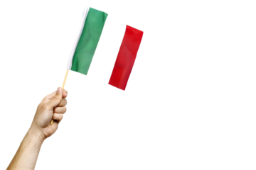 man hand hold national flag of Italy isolated on transparent background