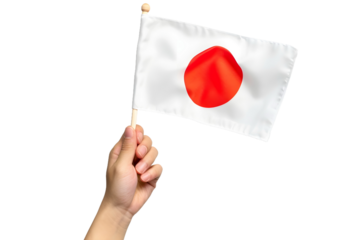 man hand hold national flag of Japan isolated on transparent background