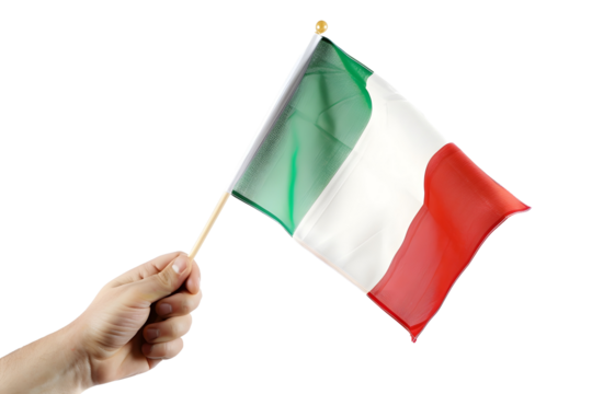 man hand hold national flag of Italy isolated on transparent background