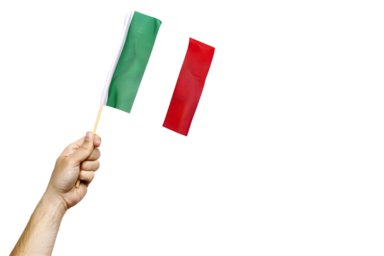 man hand hold national flag of Italy isolated on transparent background
