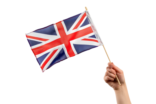 man hand hold national flag of United Kingdom isolated on transparent background