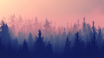 Misty landscape with fir forest in vintage retro style.
