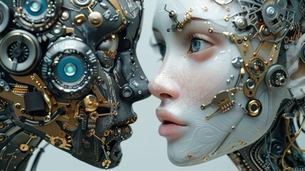 The image is a beautiful portrait of a woman with a metallic face