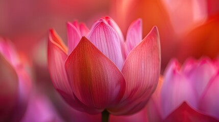 Fototapeta premium A single crimson lotus flower (Nelumbo nucifera) elegantly stands out with a soft, diffused background highlighting its beauty