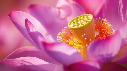 Vibrant purple petals with a striking yellow core of a water lily, a close-up shot conveying a warm and sunny ambiance