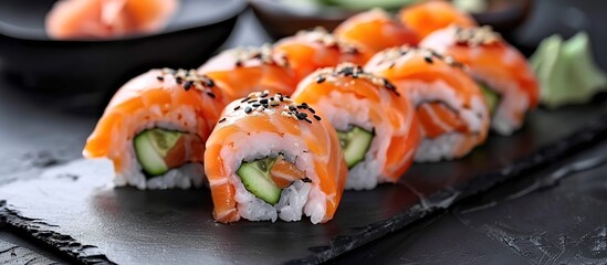 close-up view of sushi rolls with salmon, avocado and cucumber on dark plate. Japanese food in modern restaurant style.