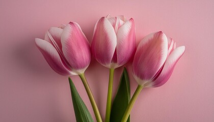 macro photography of three pink tulips on a matching pink background
