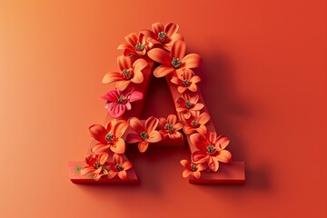 3D Render Letter A with Engraved Flowers on Orange Background