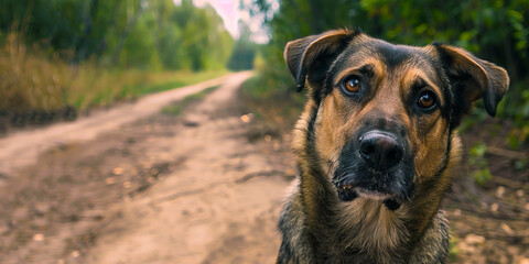 A dog is looking at the camera in a dirt road. - Powered by Adobe