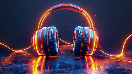 Glowing headphone neon on dark background. 3d render.