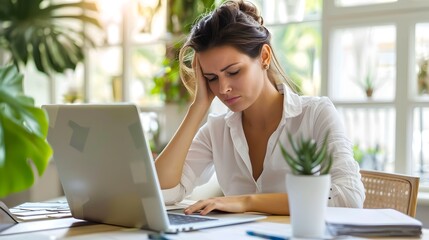 Fototapeta premium Stressed young woman working from home on laptop. Conceptualizing remote work challenges. Modern casual style, bright indoor setting. AI