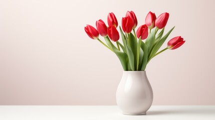 Bouquet of red tulips in vase on white table.