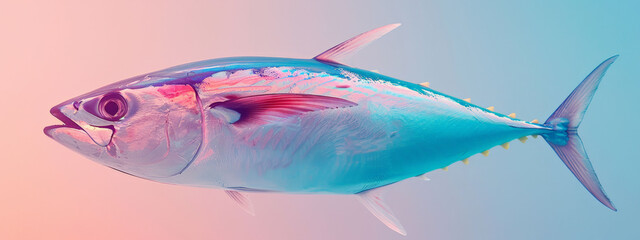  Holographic art of a tuna fish displaying iridescent colors on a minimalistic pink background.