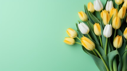 Yellow and white tulips on green background. Flat lay, top view