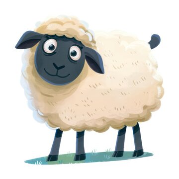 a playful sheep cartoon with expressive eyes and textured wool, presented on a white backdrop