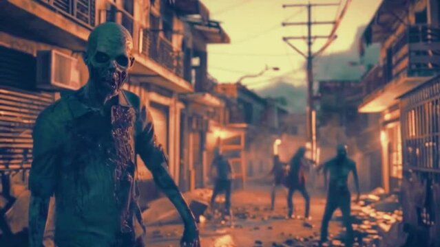 Zombie Apocalypse Street Scene Halloween Background Animation 4K High-Quality Video for Spooky Atmosphere and Creepy Vibes