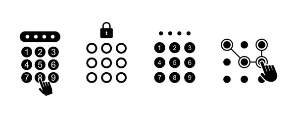 Set of pin code vector icons. Black icons with enter password. Vector 10 Eps.