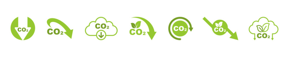 Set of co2 emission vector icons. Cloud with carbon dioxide. Reduce pollution air. Reduction exhaust or smoke.