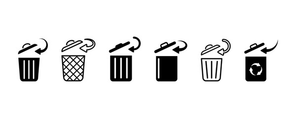 Trash can vector icons set. Garbage icon. Black bins with arrows. Vector 10 EPS.