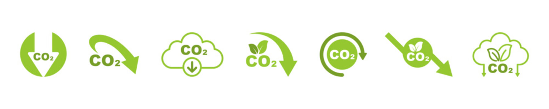 Set of co2 emission vector icons. Cloud with carbon dioxide. Reduce pollution air. Reduction exhaust or smoke.