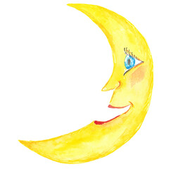 Moon. A cartoon character. Drawing in watercolor and liners. Graphics. A hand-drawn drawing. A design element. Clip-Art
