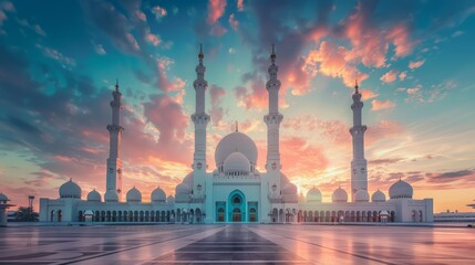 Majestic mosque with minarets and domes at sunset. Islamic architecture with sunset skies.