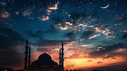 Mosque under a starry night sky with crescent moon. Fantasy Islamic architecture scene