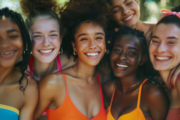 Fototapeta premium Beautiful smiling girl friends standing together. Multi ethnic group of women looking happy. Generative AI