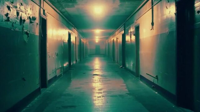 Abandoned Asylum with Eerie Lights, Haunted Mansion Interior with Creaky Doors, Hotel Lobby with Flickering Lights, Halloween holiday background 4k High-Quality animation video
