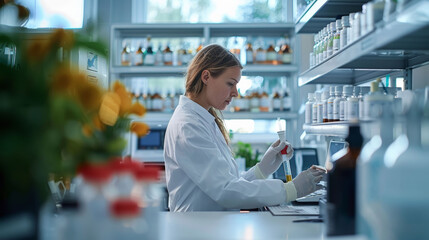 Scientist in a laboratory, meticulously writing notes with shelves of chemical bottles in the background.