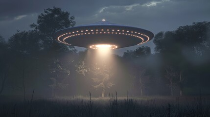 Alien spaceship hovering over a foggy forest at night