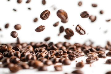 Obraz premium A lot of coffee beans floating in the air. Generative AI