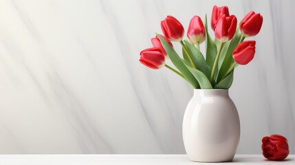 Bouquet of red tulips in white vase on white background