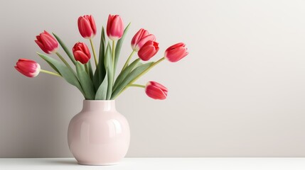 Bouquet of red tulips in vase on white background