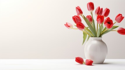 Bouquet of red tulips in vase on white table against white wall