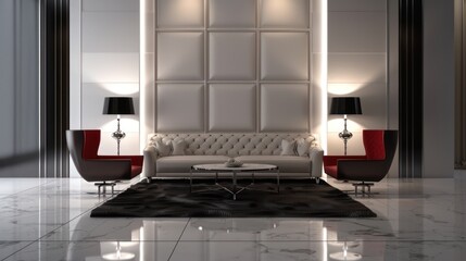 A sophisticated space with a tufted sofa, striking red accents, and chic table lamps