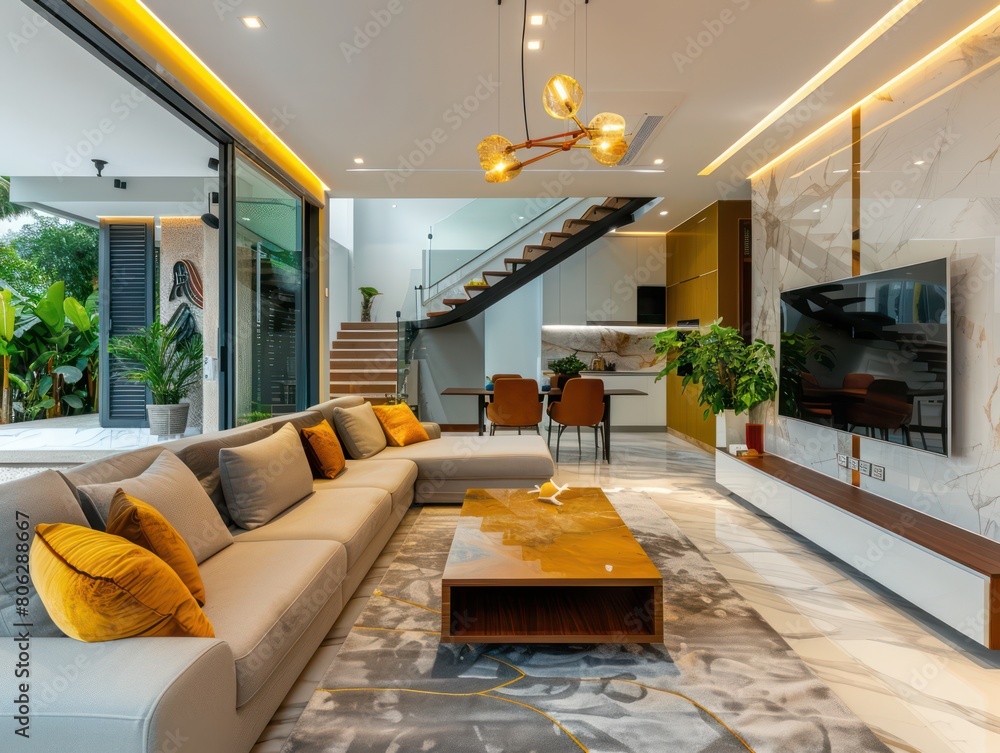 Wall mural modern design meets luxury in this space featuring a gray sectional, open staircase, and artistic li