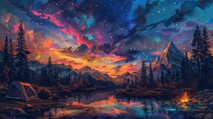 The image is a beautiful landscape painting of a lake and mountains at sunset