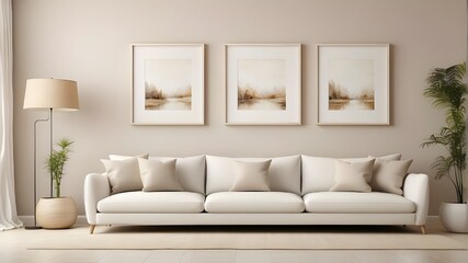 A contemporary living room featuring three empty vertical picture frames, a white sofa, and beige pillows. Mockup of a wall painting.