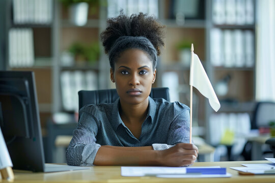 Burnt Out Black Woman Waving White Flag at Work Quiet Quitting