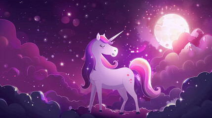 Majestic White Unicorn Galloping Under a Mystical Purple Sky with Sparkling Stars