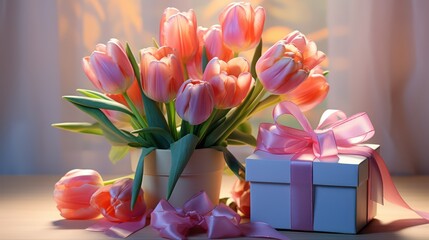 Bouquet of pink tulips with gift box on the windowsill