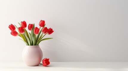 Bouquet of red tulips in vase on white table against gray wall