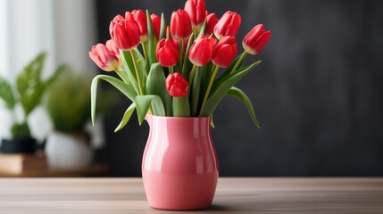 Bouquet of red tulips in vase on wooden table