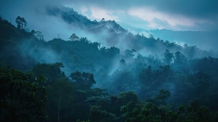 An ethereal scene of misty mountains shrouded in morning fog, revealing nature's mystery - Powered by Adobe